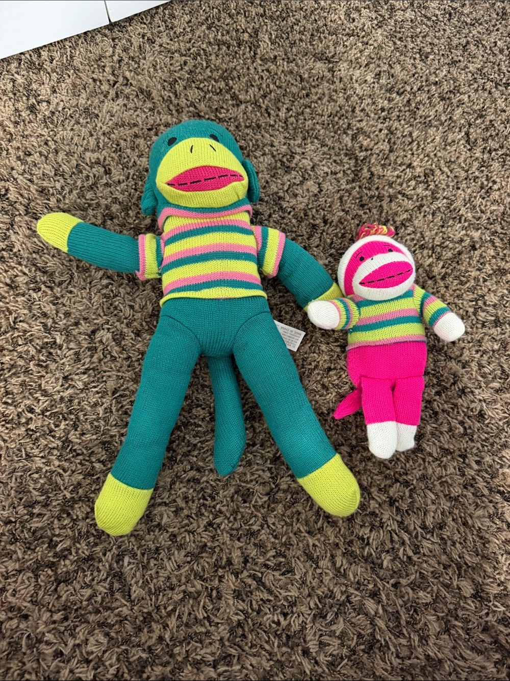 Striped Knit Monkey Plush Toys - Teal, Pink & Lime